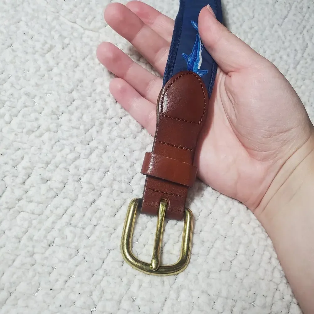 Leather Man Ltd. Fabric Shark Print Belt - Handmade in Essex, CT Preppy Coastal